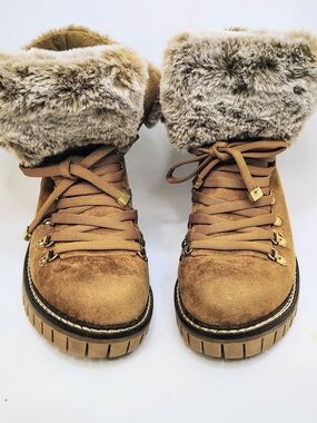 JLO Jennifer Lopez Avena Fur Brown Hiking Combat Winter Boots Sherpa Size 7.5